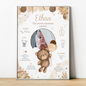 Affiche anniversaire personnalisée - Teddy Bear - ours brun - ourson - ballon - tous les âges - 1er anniversaire - 1 an - etoiles
