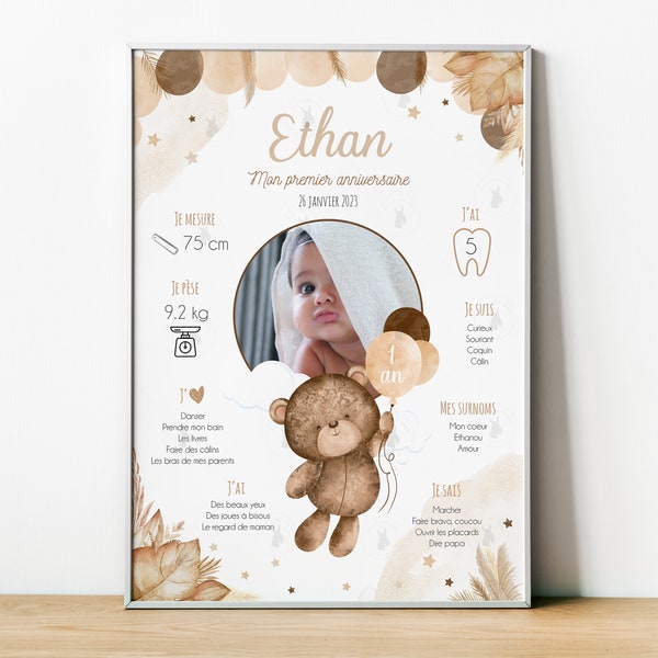 Affiche anniversaire personnalisée - Teddy Bear - ours brun - ourson - ballon - tous les âges - 1er anniversaire - 1 an - etoiles