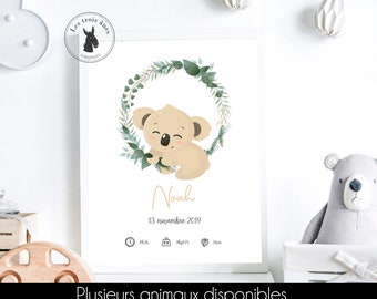 Affiche naissance personnalisée - Affiche bébé - Koala - Elephant - Ecureil - Paresseux - cadeaux