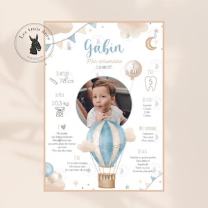 Affiche anniversaire personnalisée - Montgolfière - doux - Etoile - nuage - ballon - tous les âges - 1er anniversaire - 1 an - baptême