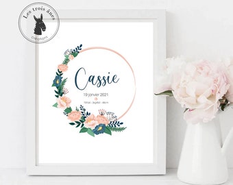 Personalized birth poster first name crown flowers - gift - girl - flowers
