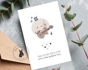 Pregnancy announcement card - baby on the way - Rock and roll / Rock Star / guitar - girl or boy version - pregnant