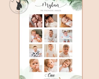 Personalized birthday poster - my first year in photos - 1st birthday - 1 year one - Jungle - safari - lion - digital format
