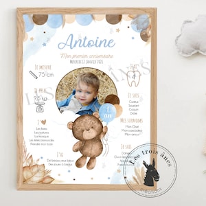 Affiche anniversaire personnalisée - Teddy Bear - ours brun - ourson - ballon - tous les âges - 1er anniversaire - 1 an - etoiles