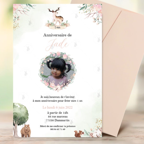 Carte invitation - anniversaire ou baptême - forêt enchantée - nature - arbre - lapin - ours - écureuil   - 1 an et +
