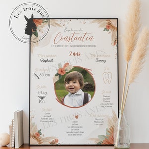 Birthday poster or personalized baptism - floral - terracotta - dried flowers - ears of wheat - Nature - Country - baptism