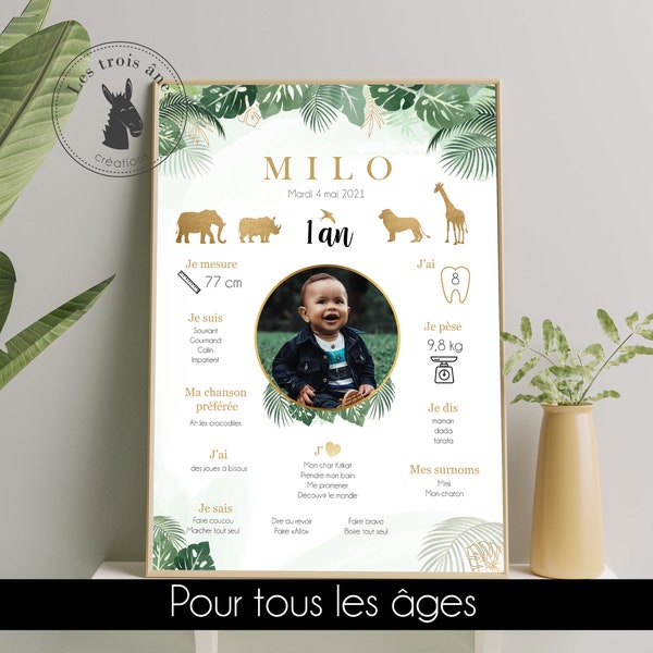 Affiche anniversaire personnalisée - Jungle - safari - vert et or - Lion - Savane-  tous les âges - 1er anniversaire - 1 an