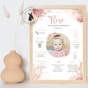 Affiche anniversaire ou baptême personnalisée - floral - rose - fleurs séchées - épis de blé - Nature - Champêtre