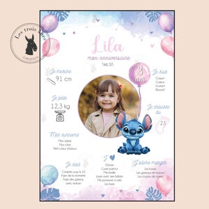 Affiche anniversaire personnalisée - stitch - rose et bleu - thème dessin animé stitch tous les âges - 1 an