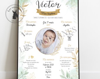 Affiche /poster baptême personnalisée - Garçon - fleurs - Floral - nature - or et vert d'eau
