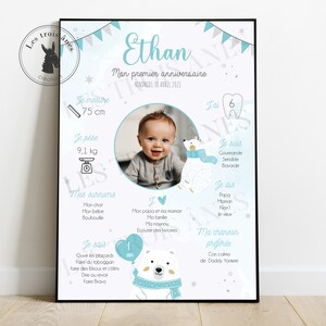 Affiche anniversaire personnalisée - petit ourson - gris et bleu tous les âges - 1er anniversaire - 1 an - etoiles
