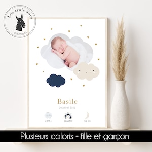 Peut inclure: Affiche imprimable blanche avec un bébé dormant dans un nuage. L'affiche a des cœurs dorés, un nuage bleu et un arc-en-ciel. Le texte sur l'affiche indique "Basile", "20 Janvier 2021", "23h51", "3kg650" et "51 cm".