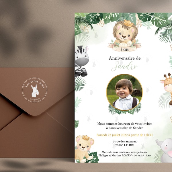 Carte invitation - anniversaire ou baptême - Jungle - safari - lion - savane - zebre - girafe - 1 an et +