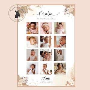 Affiche anniversaire personnalisée - ma première année en photo 1 an  - 1er anniversaire - 1 an - one  - Fleurs sechées - beige - champêtre
