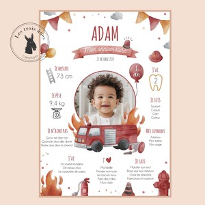 Affiche anniversaire personnalisée - Thème pompier - anniversaire  1 an - tout âge - camion pompier - fire