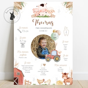 Affiche anniversaire personnalisée - animaux de la ferme - cochon - vache - poule - mouton - nature - tous les âges - 1er anniversaire 1 an