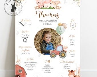 Personalized birthday poster - farm animals - pig - cow - hen - sheep - nature - all ages - 1st birthday 1 year