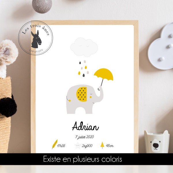 Affiche naissance personnalisée - éléphant - pluie - nuage - parapluie