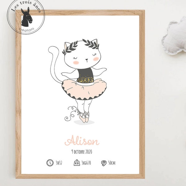 Affiche naissance personnalisée - Danseuse animal "chat" - Ballerine