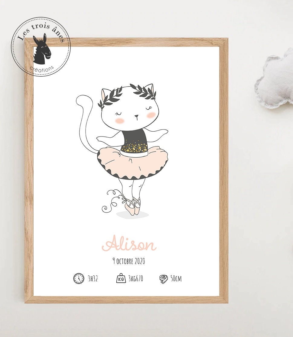 Affiche Naissance Personnalisée - Danseuse Animal Chat Ballerine