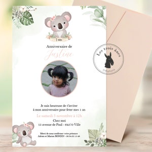 Carte invitation - anniversaire ou baptême - koala - animaux - fille - 1 an et +
