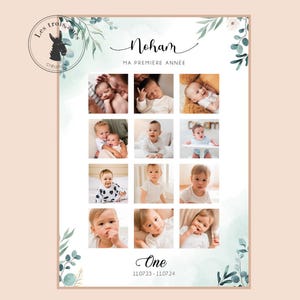 Affiche anniversaire personnalisée - ma première année - photo 1 an  - 1er anniversaire - 1 an - one - 1 year - Floral