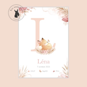 Affiche naissance personnalisée - Affiche Lettre - petite fille - rose - Renard - animaux - fleurs
