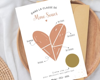 Carte a gratter - annonce - merci nounou - cadeau de fin d'année - maitresse - maître - Atsem texte personnalisable - coeur