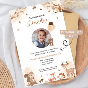 Carte invitation - anniversaire ou baptême - forêt - automne - animaux de la forêt - carton invitation anniversaire -  décoration 1 an et +