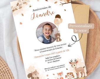 Invitation card - birthday or baptism - forest - autumn - forest animals - birthday invitation card - decoration 1 year and over