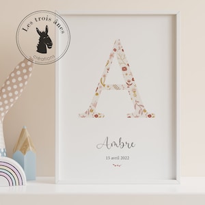 Affiche naissance personnalisée - Prénom - Initiale - Fleurs - lettrine - Floral - Liberty
