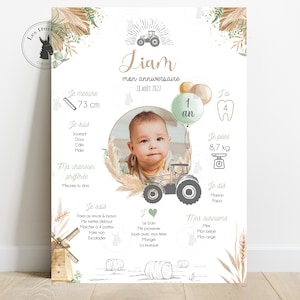 Affiche anniversaire personnalisée - Tracteur - ferme - farmer - épis de blé - pampas - champêtre - tous les âges - 1er anniversaire - 1 an