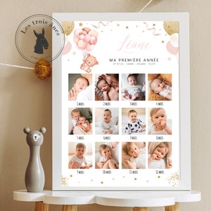 Affiche anniversaire personnalisée - Teddy Bear - rose - ourson - photo 1 an - tous les âges - 1er anniversaire - 1 an - ma première année