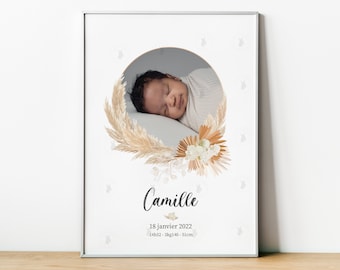 Affiche naissance personnalisée - photo bébé - fleurs sechées - faire part - cadeau naissance