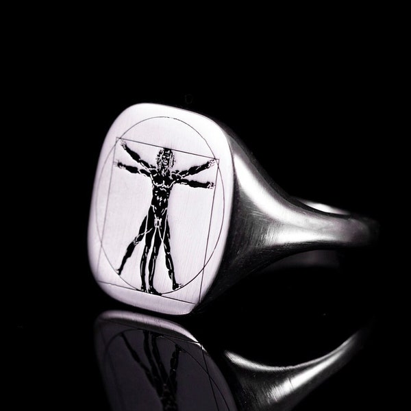 Vitruvian Man Silver Signet Ring, Da Vinci Renaissance Art Silver Men Jewelry, Vitruvian Sterling Silver Pinky Ring, Vitruvius Men's Gift