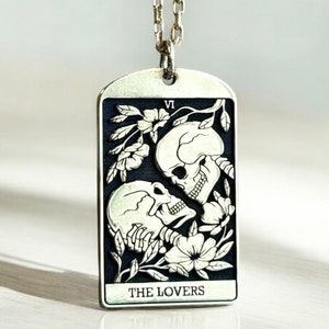 14k Gold Die Liebhaber Tarot Karte Halskette, Silber Skelett Paar Anhänger Frauen, Schädel Kette Mann, Unisex Gothic Schmuck, Geburtstagsgeschenk Him&Her