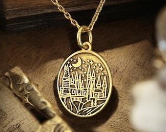 Collar de la Escuela de Magos en Oro de 14k, Colgante de Plata de Harry P., Joyería Legandry, Dije de Potterhead, Cadena de Cumpleaños, Regalo para Él, Regalo para Ella