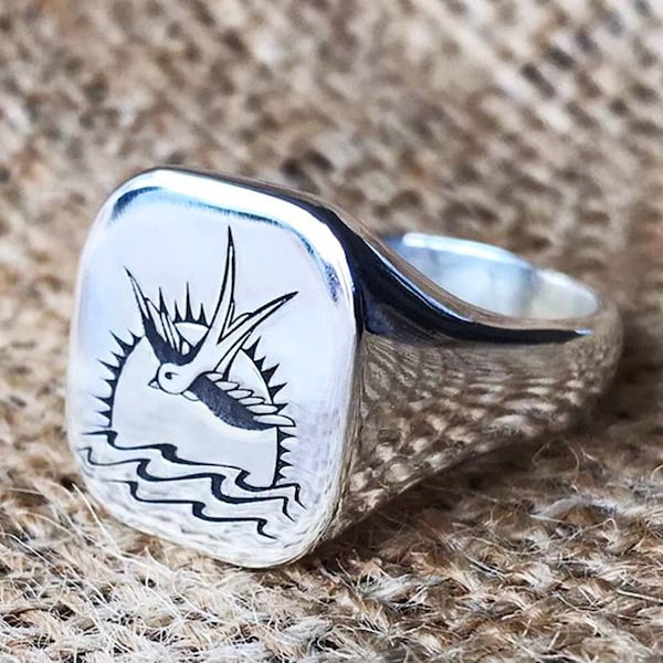 Swallow Bird Sterling Silver Chevalière, Johnny Depp Tattoo Jewelry, Wave and Sun Ring, Square Mens Biker Ring, Pirate Pinky Sailor Ring