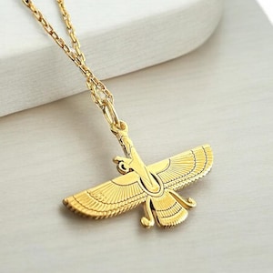 14k Gold Faravahar Necklace, Silver Ahura Mazda Pendant, Zoroastrian Jewelry, Mythology Chain, Birthday Gift Him, Gift for Her, Gift for Mom