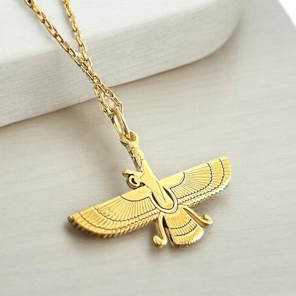 14k Gold Faravahar Necklace, Silver Ahura Mazda Pendant, Zoroastrian Jewelry, Mythology Chain, Birthday Gift Him, Gift for Her, Gift for Mom