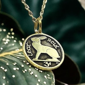 14k Gold IRELAND Rabbit Necklace, Silver Irish Bunny Coin Pendant ...