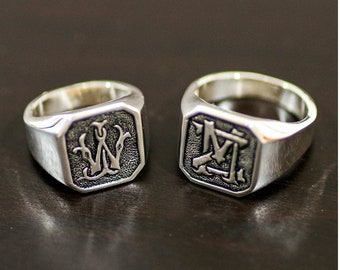 Hand Engraved Sterling Silver Custom Two Nested Initials Monogram Valentine's Day Signet Ring by Euphony design