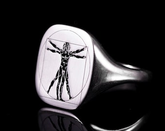 Vitruvian Man Silver Signet Ring, Da Vinci Renaissance Art Silver Men Jewelry, Vitruvian Sterling Silver Pinky Ring, Vitruvius Men's Gift