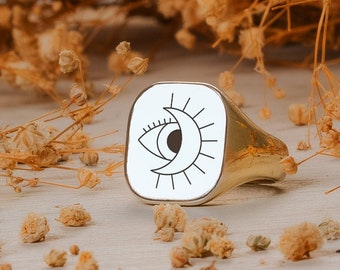 All Seeing Eye Ring, Sterling Silver Signet Ring, Gold Evil Eye Square Ring, Chunky Engraved Rings, Moon Crescent Ring, Best Friend Rings