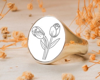 Chevalière personnalisée fleur mois de naissance, cadeau d'anniversaire tulipe gravée pour elle, bague florale en or personnalisée pour femme, bague en argent or rose