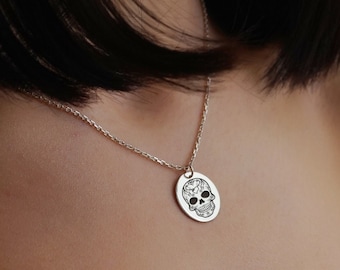 Personalized Sugar Skull Necklace, Women Skull Silver Necklace, Skull Flower Pendant, Memento Mori Skull Necklace, Gold Skeleton Necklace