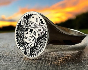 Skull Cowboy Signet Ring, Hand Engraved Zombie Cowboy Ring, Skull