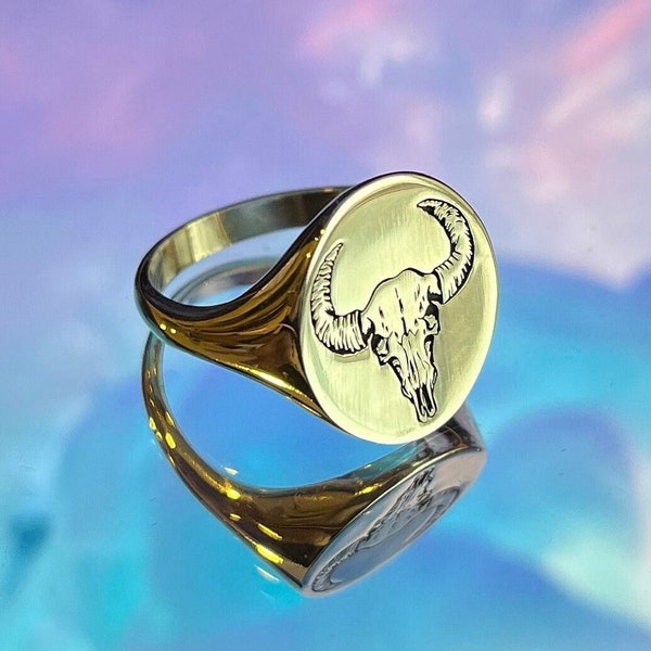 Bull Skull Head Signet Ring, Silver Cow Skull Ring, Buffalo Ring, Southwest Jewelry, Gold Animal Signet Ring, Western Jewelry, Gifts for Him