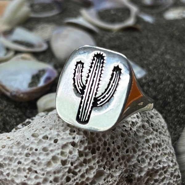 Cactus Signet Ring, Western Ring, Sterling Silver Wild West Rings, Wildflower Rings Man, Cowboy Signet Ring, Cowgirl Jewelry, Gifts for Him