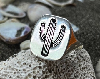 Cactus Signet Ring, Western Ring, Sterling Silver Wild West Rings, Wildflower Rings Man, Cowboy Signet Ring, Cowgirl Jewelry, Gifts for Him